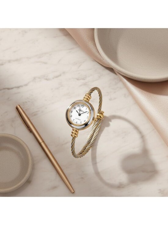 Women\'s Silver And Gold Analog Elegant Cable Cuff Arabic Numbers Bracelet Watch main image 4